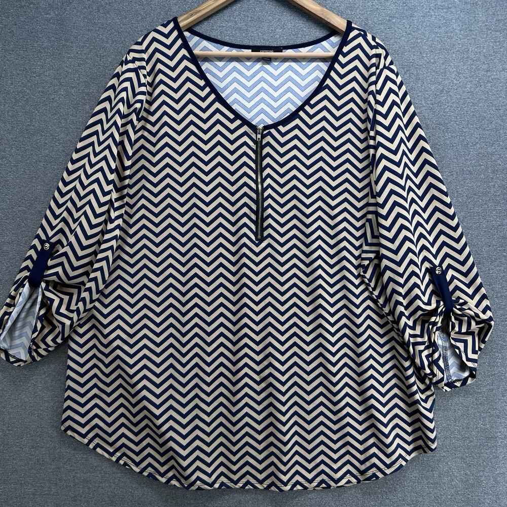 Espresso Womens 3X Black Tan Chevron Print Roll Tab Sleeve Blouse Top Plus Size